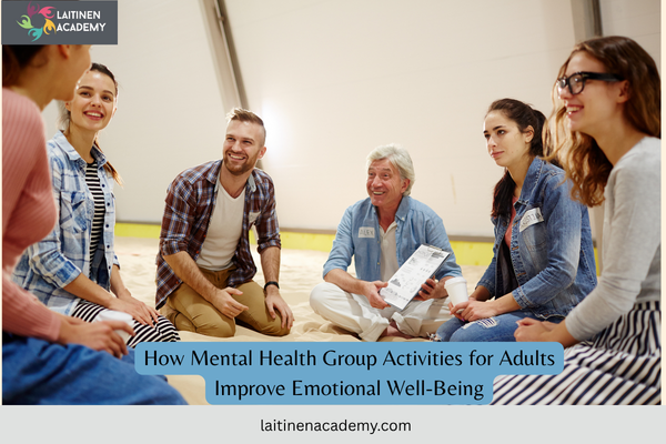 Adults participating in a mental health group activity led by a counselor to improve emotional well-being, communication, and peer support.