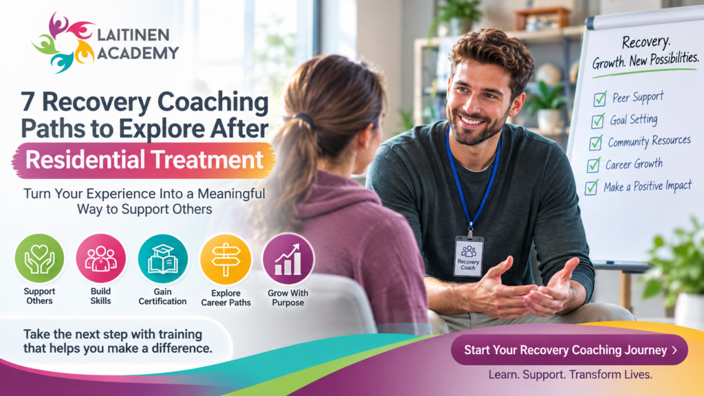 Laitinen Academy banner featuring recovery coaching career paths and peer support training